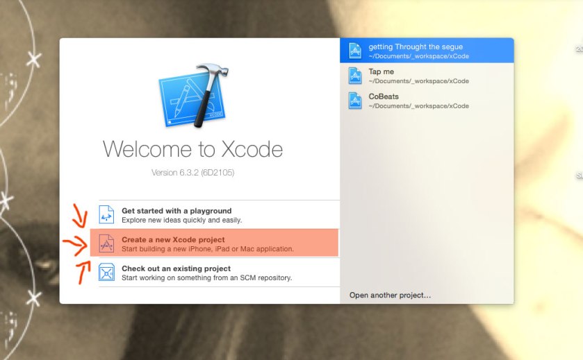 Xcode start menu